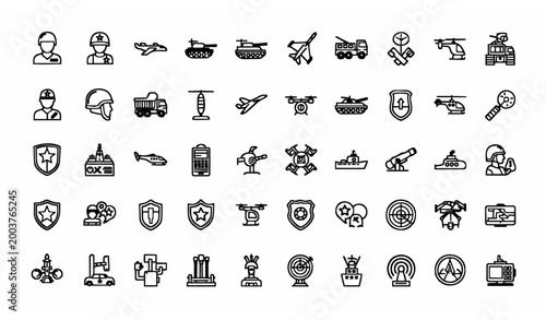 Military and army outline icon set with soldier vehicles air force and defense system symbols