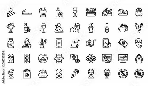 Bad habits outline icon set with unhealthy lifestyle addiction and negative behavior symbols vector collection