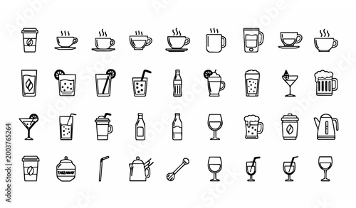 Beverage outline icon set with coffee tea juice soda cocktail and drink symbols editable stroke vector collection