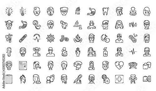 Common illnesses outline icon set with symptoms healthcare disease and medical symbols vector collection
