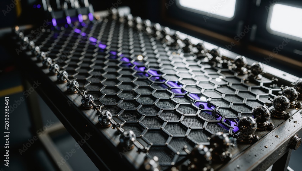 Fototapeta premium Futuristic hexagonal surface with metallic spheres and glowing purple energy line in dark environment