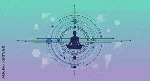 Person meditates in lotus position surrounded by concentric circles and geometric shapes on gradient background
