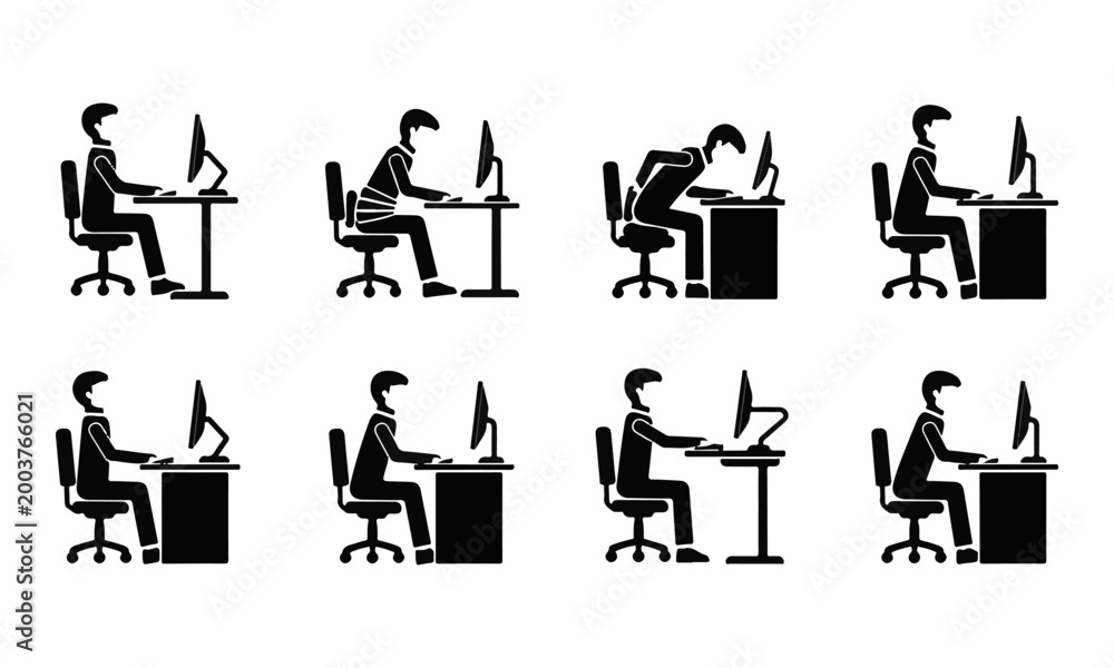Obraz premium Vector icon set of ergonomic posture, correct and incorrect working positions at computer desk