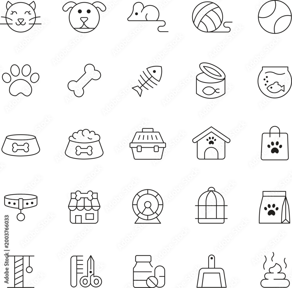 Fototapeta premium Pet Care and Animal Line Icon Set with Veterinary and Accessories Symbols