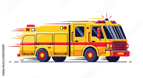 Emergency Fire Truck Responding with Speed and Urgency, Red and Yellow Vehicle