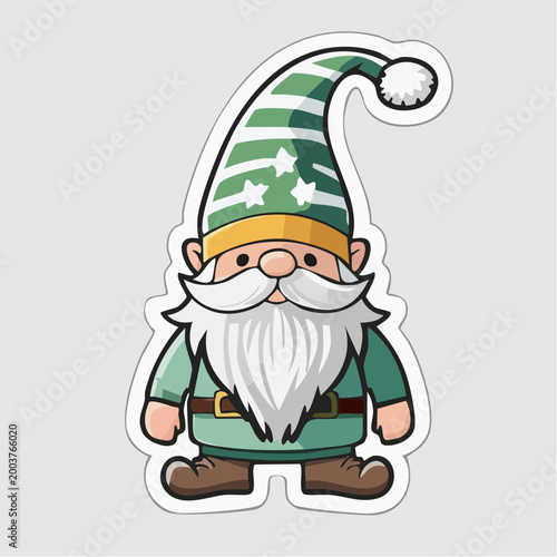 Cute Cartoon Gnome with Green Striped Hat