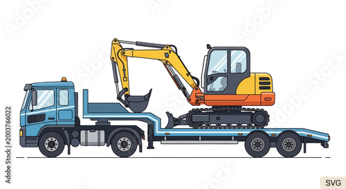 Excavator Loaded on Flatbed Truck for Construction Site Transport