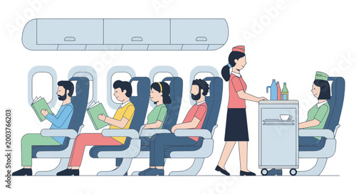 Airplane cabin with passengers and flight attendants serving drinks