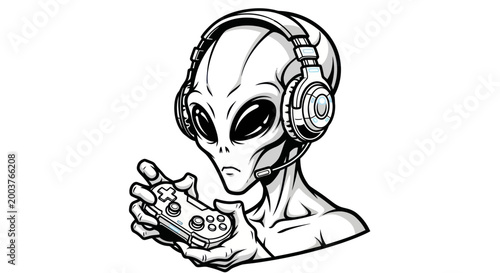 Alien Gamer with Headphones and Controller, Sci-Fi Video Game Character