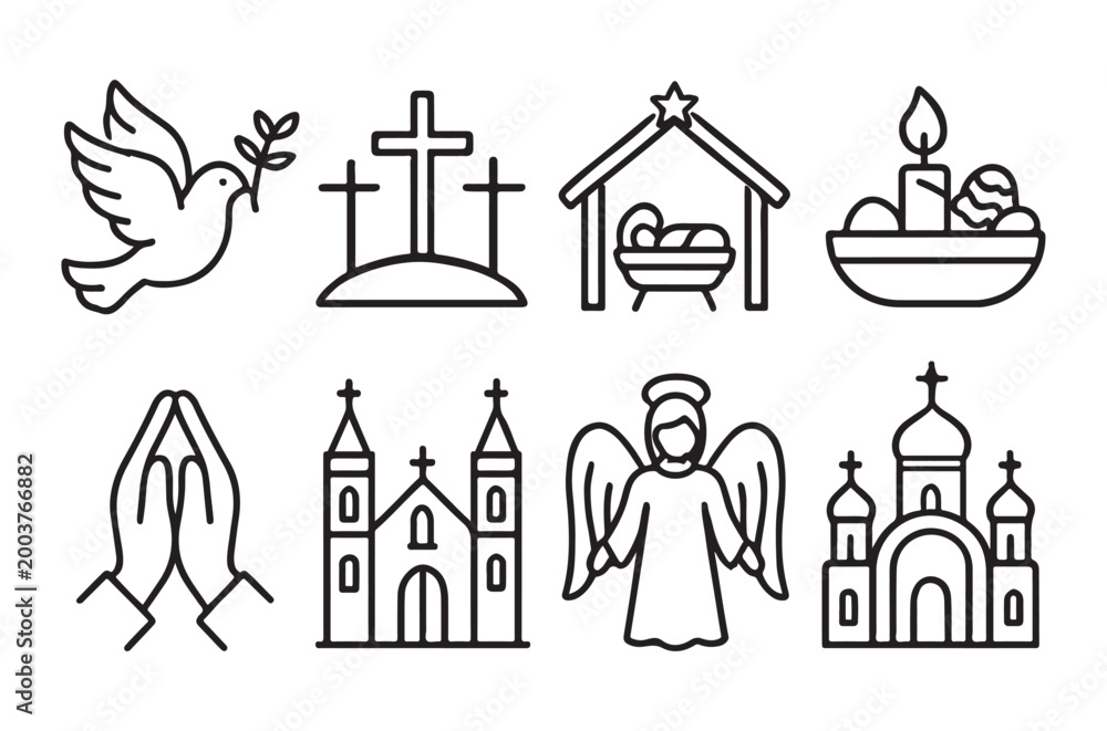 Fototapeta premium Christian symbols including doves churches and nativity scene elements