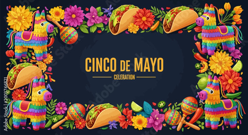 Vibrant cinco de mayo celebration border with colorful piatas tacos and flowers on dark background