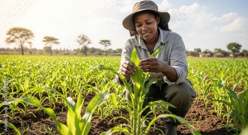 A smiling African woman examines corn plants in a green field. She wears a hat and work clothes.