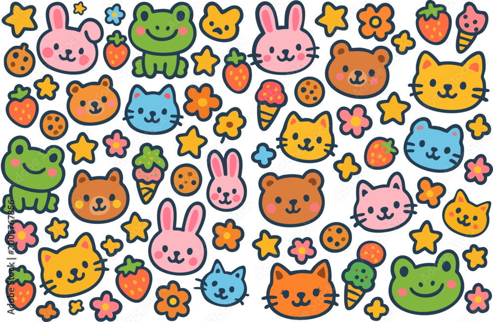 Obraz premium Cute kawaii animals seamless pattern with colorful cartoon characters
