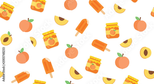 A seamless vector illustration pattern featuring fresh orange peaches, sweet fruit jam and tasty popsicles