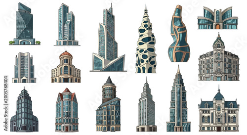 Buildings showcase diverse architectural styles found in global urban.