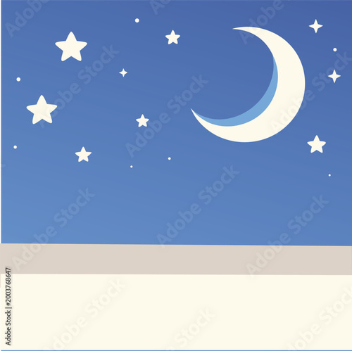 Blue Night Sky Illustration Crescent Moon Stars Minimal Background with Copy Space