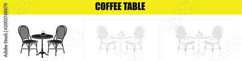 Coffee table set with wicker chairs and hot cup of steam beverage for sidewalk cafe or bistro terrace design silhouette and line art furniture collection elements.