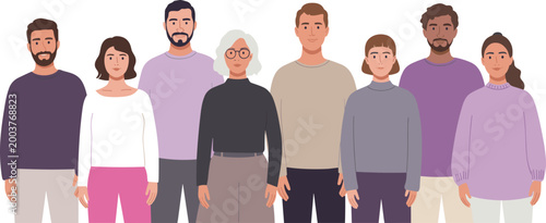 Diverse people characters group illustration, multicultural society, men women different ages, community portrait flat vector design