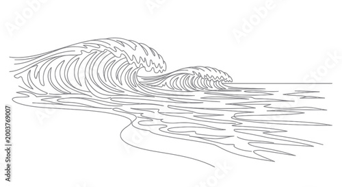 Stylized ocean waves crashing on the shore, minimalist line art, sea and beach