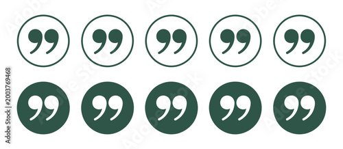Quotation marks round icon set buttons for text highlighting, speech quotation, testimonial emphasis, dialogue symbols, and content annotation design.