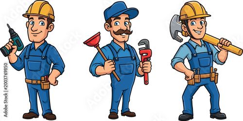 Φωτογραφία Cartoon Worker Illustration Set Featuring Different Tradesmen with Tools for Con