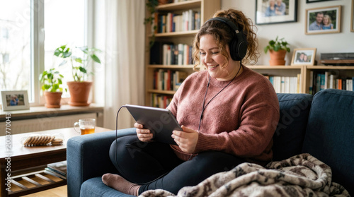 A smiling woman sits on a blue couch, wearing headphones and holding a tablet. She is relaxed and enjoying a digital activity.