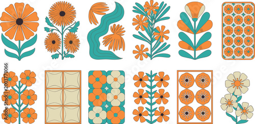 Floral pattern vector illustration set, decorative flowers tiles collection, geometric botanical designs, retro ornament flat design elements