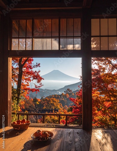 忘れかけられた日本の秋：遠くの山に燃える紅葉と夕暮れの光