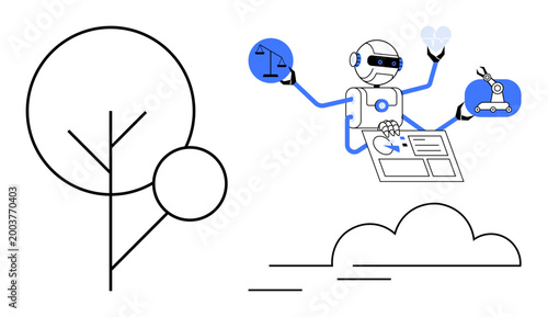 Artificial intelligence, automation, robotics, technology innovation, data management, futuristic systems. Robot multitasking with technology icons, abstract tree and cloud elements. Artificial