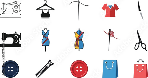 Collection of fashion design elements including sewing machines and clothing accessories