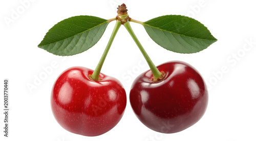 Two bright red cherries with green stems and leaves attached, isolated on a clean white background