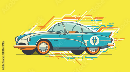Retro electric car illustration with dynamic digital circuit lines.