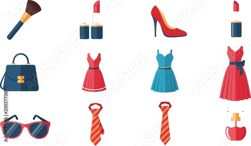 Collection of fashionable clothing and accessories for men and women displayed together