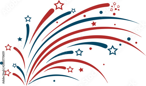 Patriotic celebration frame with fireworks and red white blue confetti, stylish USA pattern, clean no background vector design.