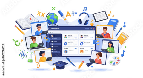 diverse team collaborating in modern office with digital communication and remote work icons