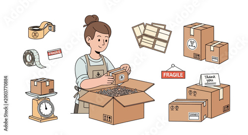 woman packing boxes for shipping with fragile labels and packaging materials