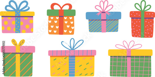 Gift boxes vector illustration set, colorful presents collection, festive celebration design flat style