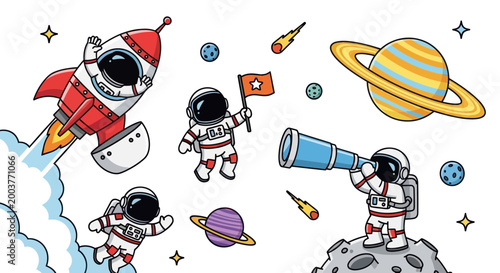 Cute Astronauts Exploring Space with Rocket, Planets, and Telescope