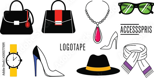 Fashion accessories collection featuring handbags, jewelry, hats, and stylish apparel