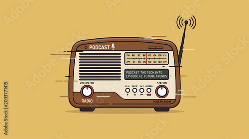 Vintage radio illustration with podcast branding design.