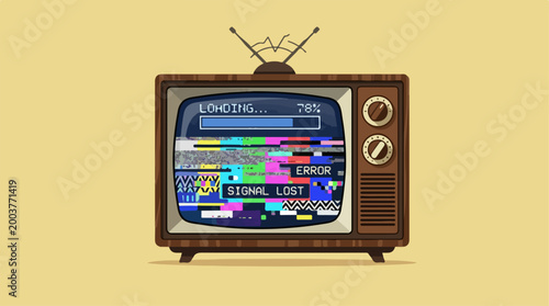 Vintage retro television showing signal loss and loading error screen.