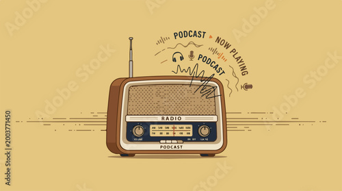 Vintage style radio illustration for podcast and audio broadcasting concept.