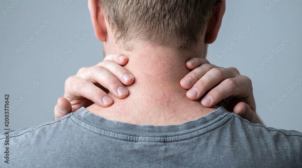 Fototapeta premium Rash Visible on the Sensitive Skin of a Mans Neck and Upper Back with Hands Expressing Discomfort