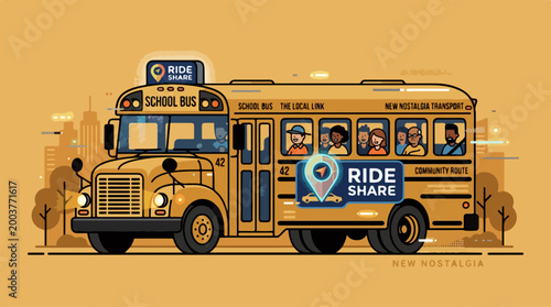Yellow school bus ride share service concept illustration.