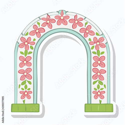Archway decorated with pink flowers and green leaves