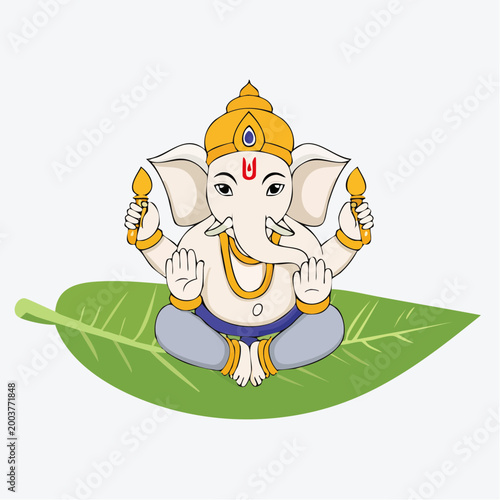 Cartoon Ganesha Sitting on a Green Leaf