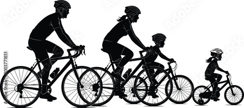 Black silhouette vector illustration of a family cycling together with parents and children on bicycles enjoying outdoor activity