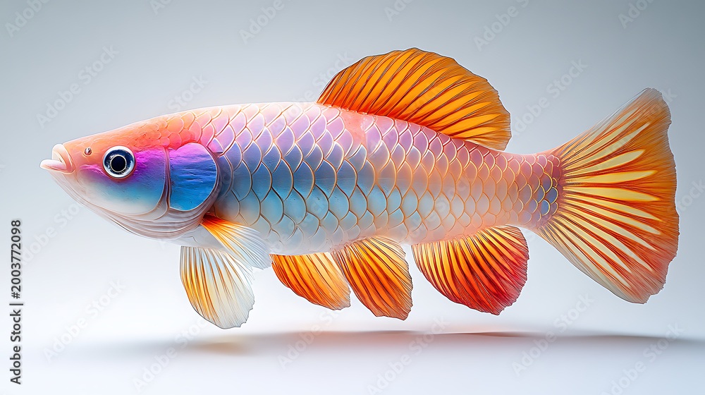 Fototapeta premium A holographic projection of an extinct Asian Arowana variant, appearing lifelike and vibrant against a clean white backdrop, symbolizing the future of de-extinction technology 