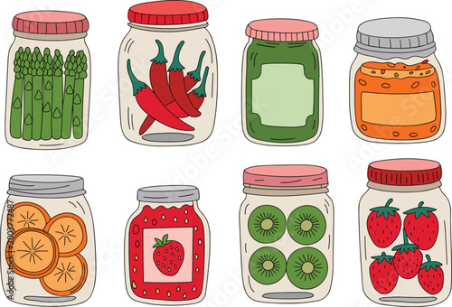 Jar food vector illustration set, preserved fruits vegetables collection, homemade canned products, kitchen storage flat design elements