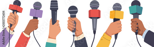 Microphones in hands vector illustration, media interview concept, journalism press conference reporters broadcasting news flat design